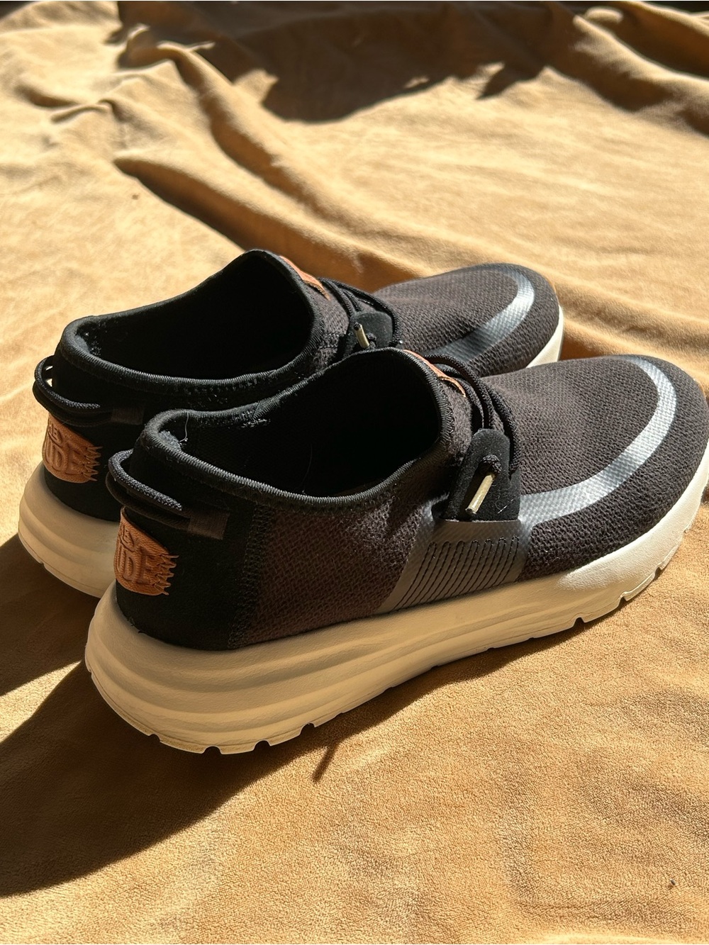 Hey Dude Black Knit Slip-On Sneakers with White Sole and Tan Heel Patch